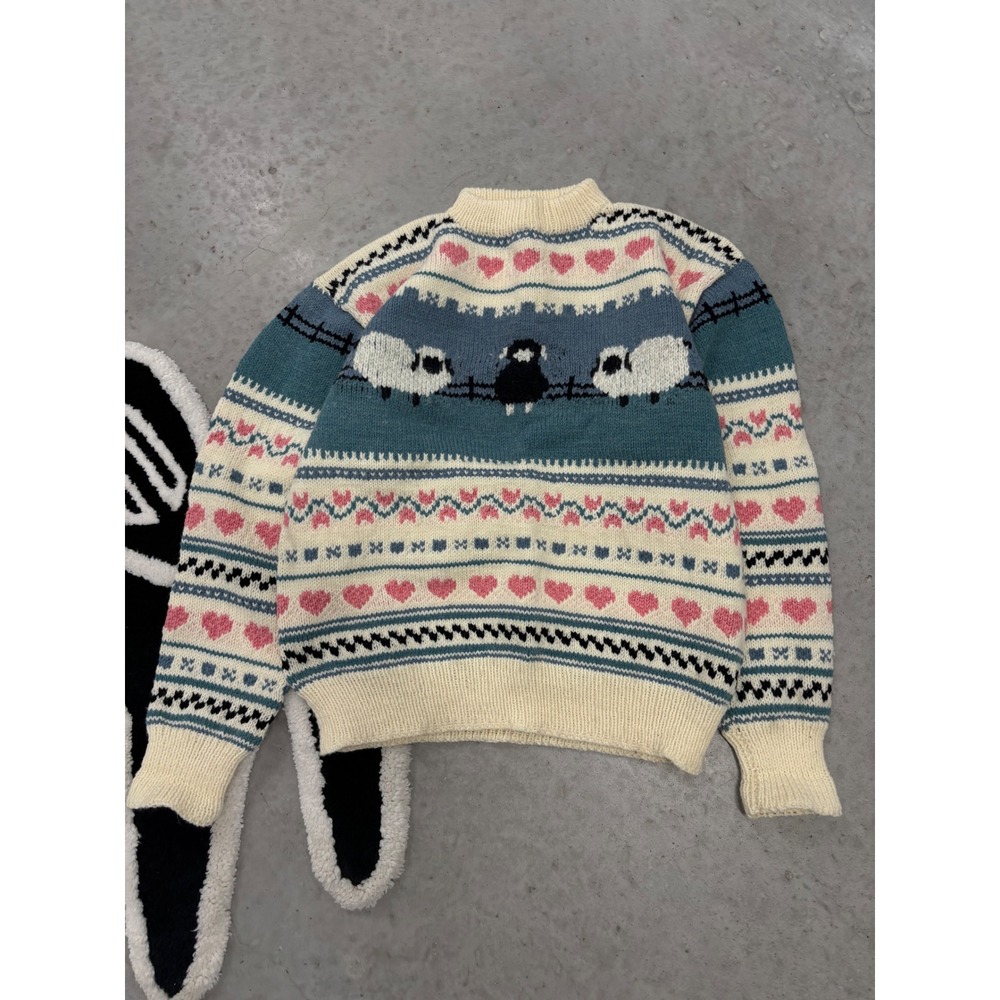 Vintage 1960s Style Fair Isle Sheep and Hearts Knit Sweater Blue Pink Cream